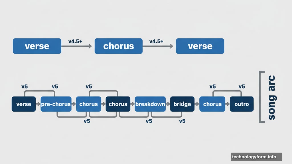 Version 5 adds pre-chorus sections multiple bridges and actual song arcs