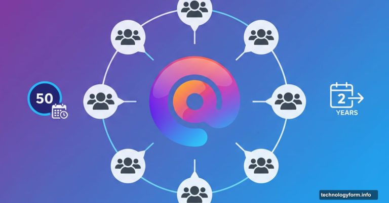 Threads app logo surrounded by group chat bubbles and user icons
