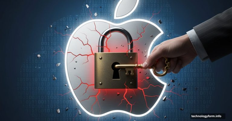 UK government hand forcing key into locked Apple logo showing encryption breach