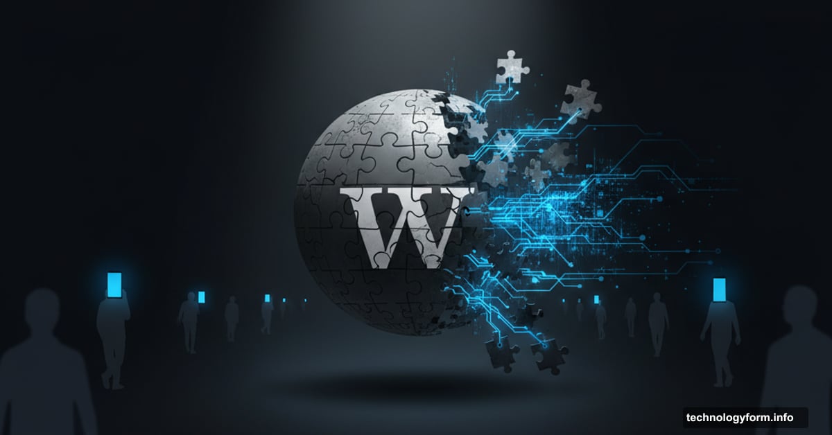 Wikipedia globe logo cracking apart with AI neural networks emerging