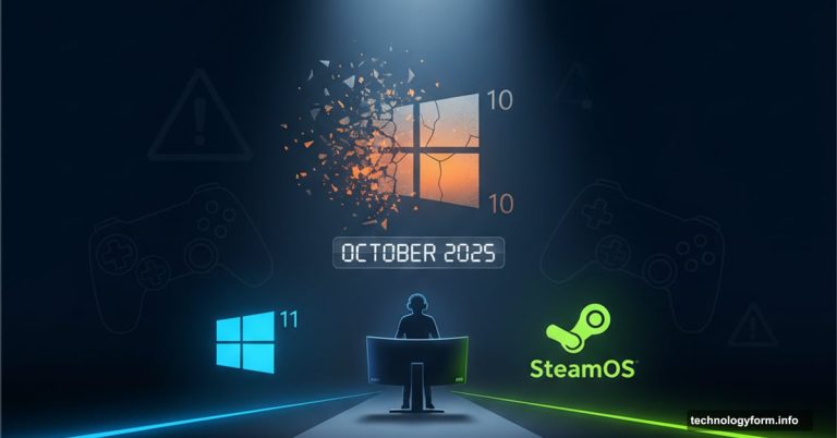 Windows 10 logo crumbling as gamer faces choice between Windows 11 and SteamOS