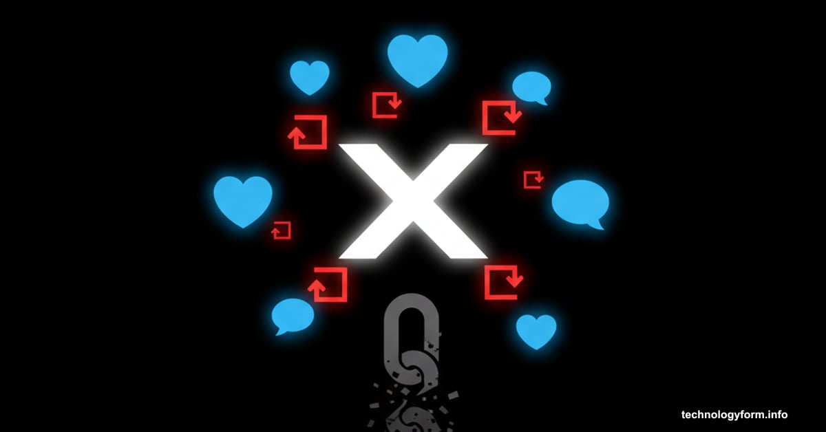X platform logo suppressing link icon while promoting engagement buttons
