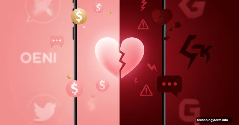 Smartphone with heart emoji split between profit symbols and warning signs