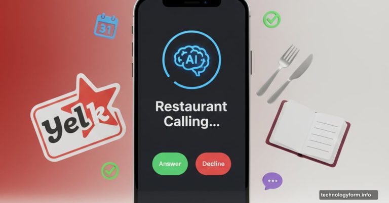 Smartphone with AI brain answering restaurant call, Yelp branding visible