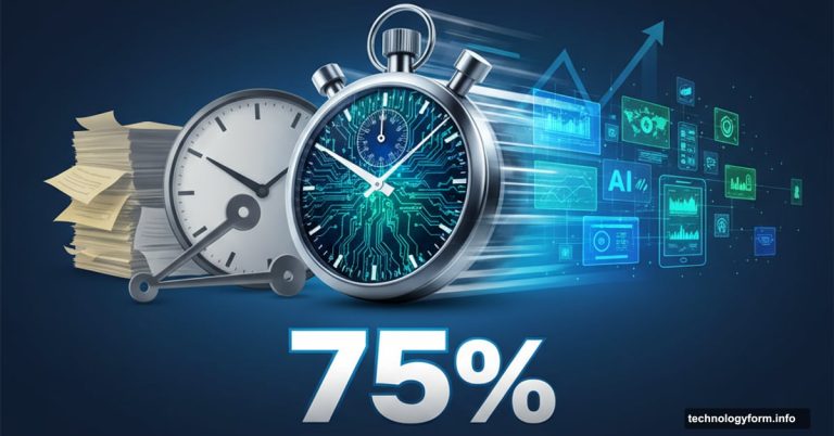 Stopwatch with digital technology icons showing 75% faster business decisions