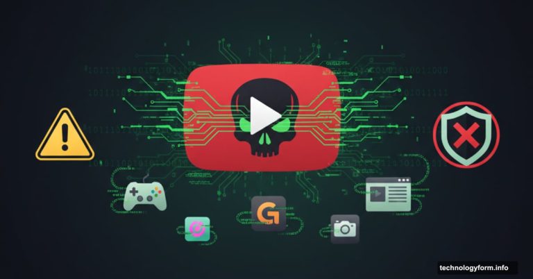 YouTube play button with skull overlay spreading malware to gaming icons