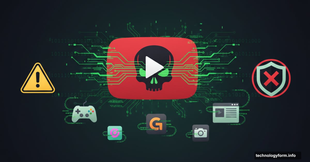YouTube play button with skull overlay spreading malware to gaming icons