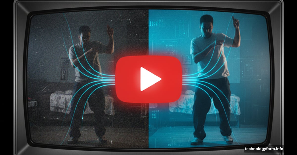 YouTube logo with split screen showing pixelated video transforming to HD quality