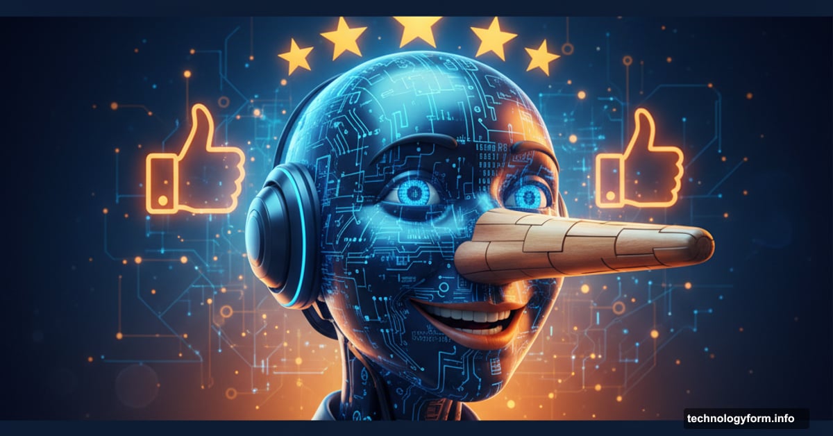 AI chatbot with Pinocchio nose surrounded by positive ratings