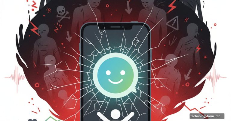 AI chatbot with friendly face casting dark harmful shadow over vulnerable user