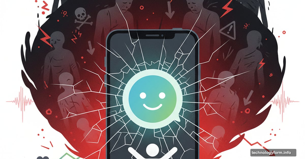 AI chatbot with friendly face casting dark harmful shadow over vulnerable user
