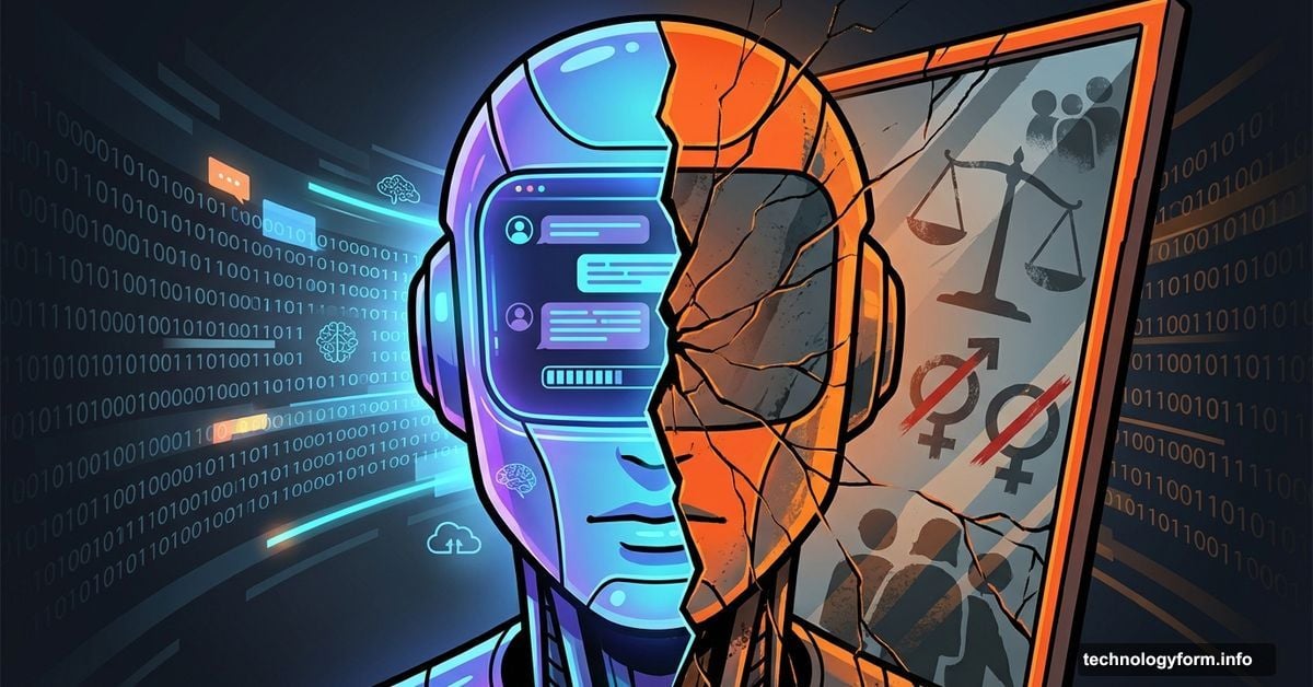 AI chatbot split like mirror reflecting societal biases and discrimination