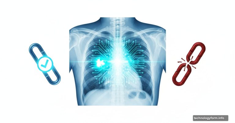 AI analyzing medical scan highlighting cancer with broken communication chain