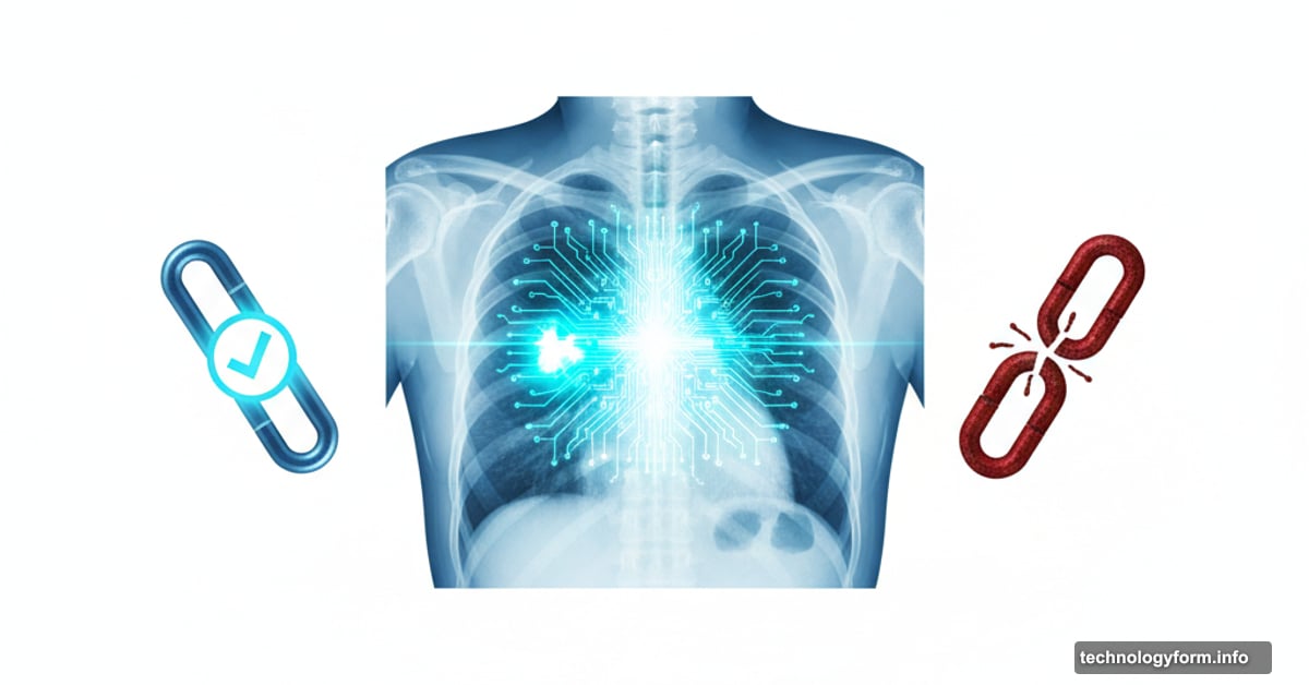 AI analyzing medical scan highlighting cancer with broken communication chain