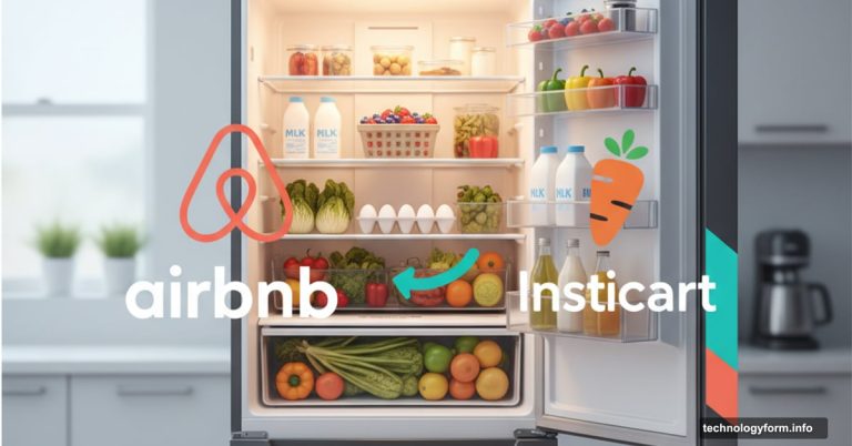 Stocked refrigerator with Airbnb and Instacart logos showing grocery delivery partnership