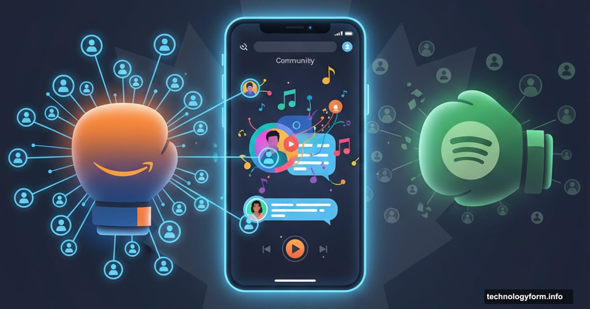 Amazon Music and Spotify logos competing over community features on smartphone