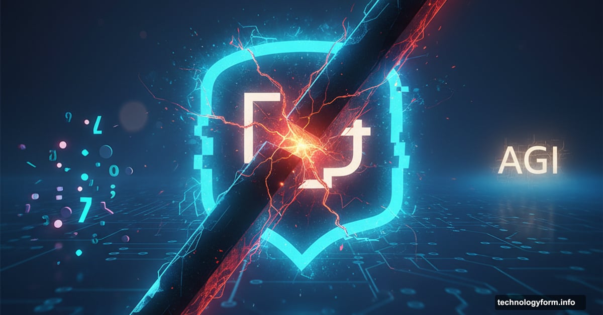 Cracked ChatGPT logo pierced by giant em dash symbol with AGI distant