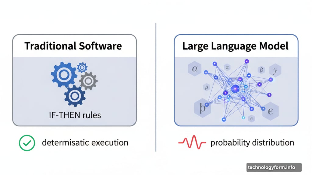 Traditional software follows rules deterministically versus language model probabilities