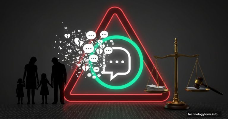 ChatGPT logo surrounded by warning symbols and family silhouettes representing lawsuits