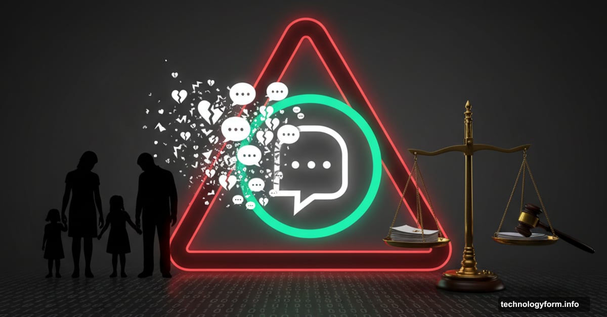 ChatGPT logo surrounded by warning symbols and family silhouettes representing lawsuits