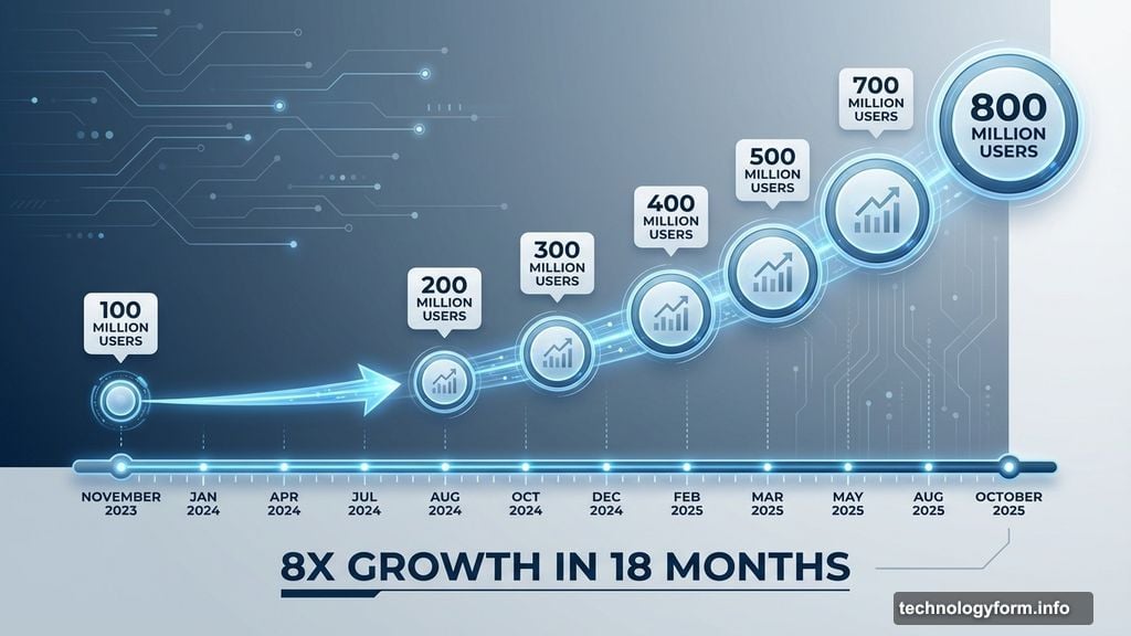 ChatGPT growth from 100 million to 800 million weekly users