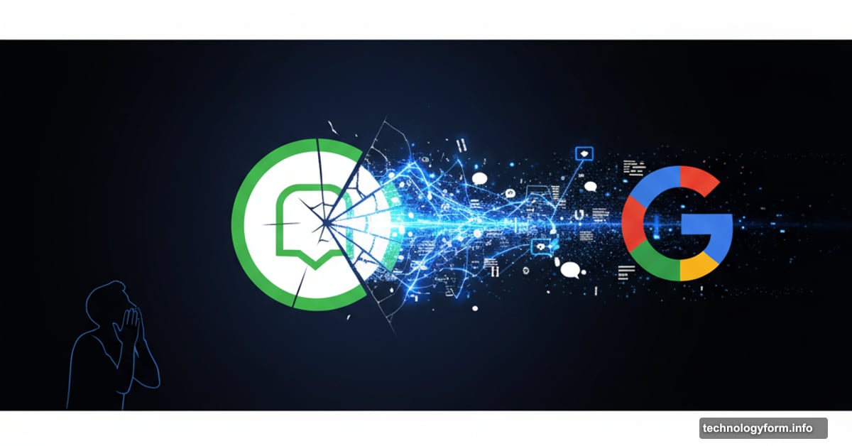 ChatGPT logo cracking with private chat data leaking toward Google logo
