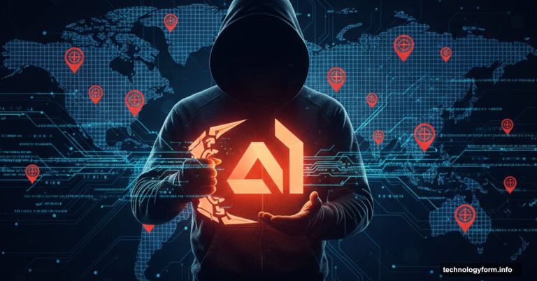 Claude AI logo weaponized by hacker silhouette targeting global map