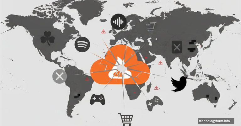 Cracked Cloudflare logo with major internet service icons falling offline
