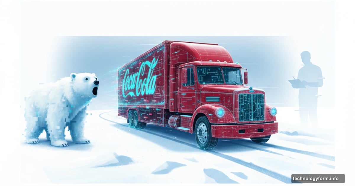 Coca-Cola holiday truck rendered as AI wireframe with distorted polar bear