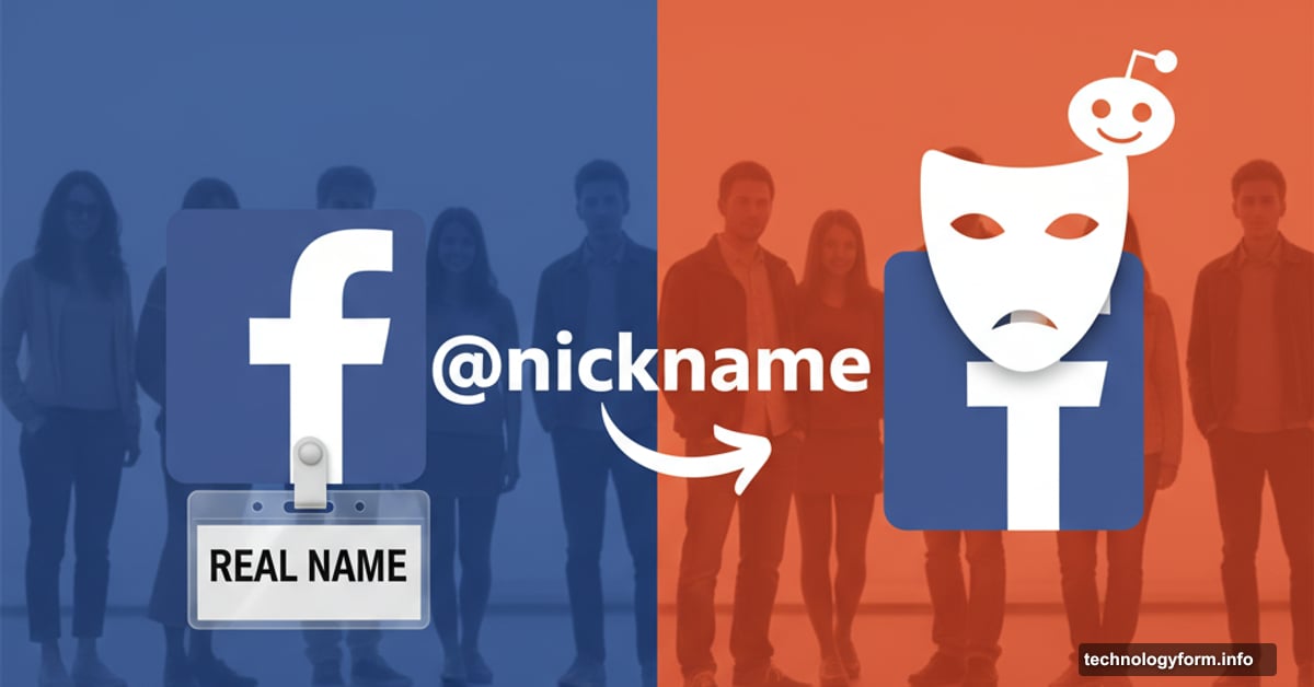 Facebook logo transforming from real name tag to Reddit-style username mask