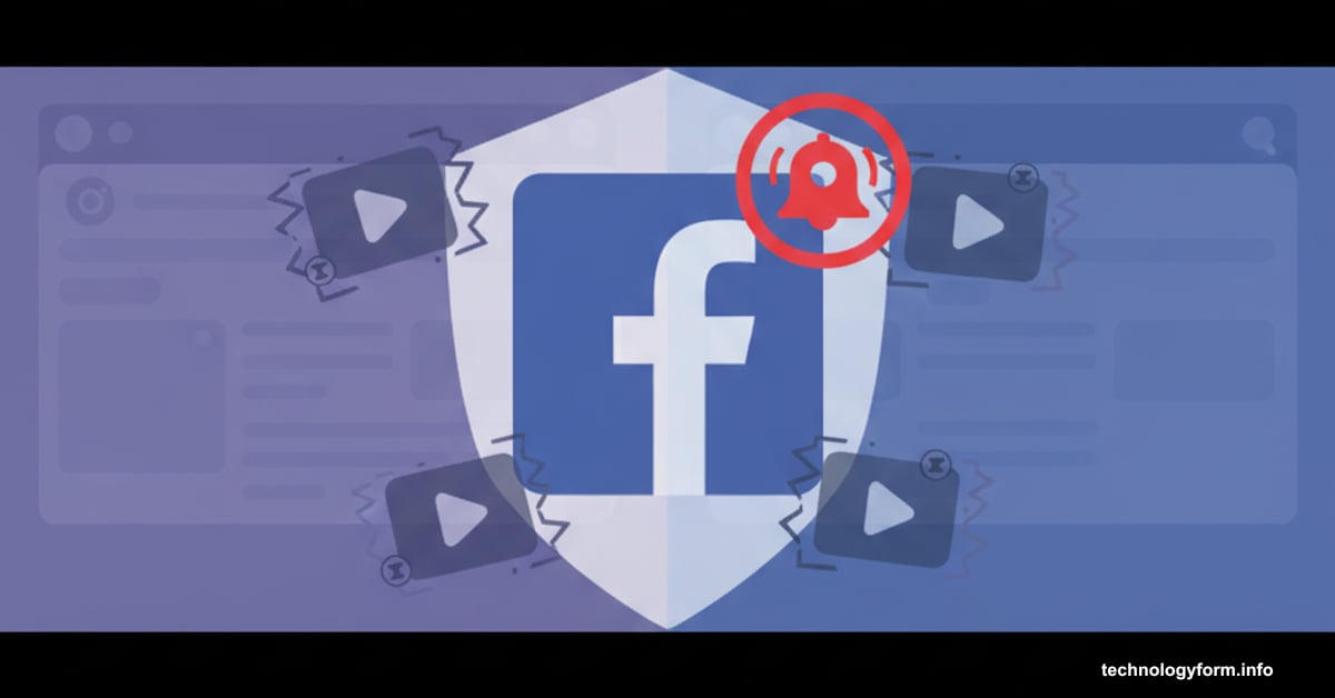 Facebook logo with alert whistle and shield protecting against video theft