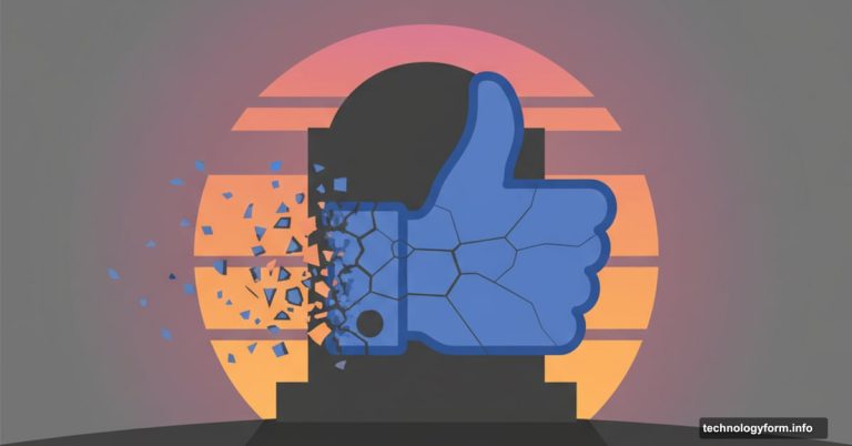 Crumbling Facebook Like button breaking apart with 2010-2026 timeline tombstone