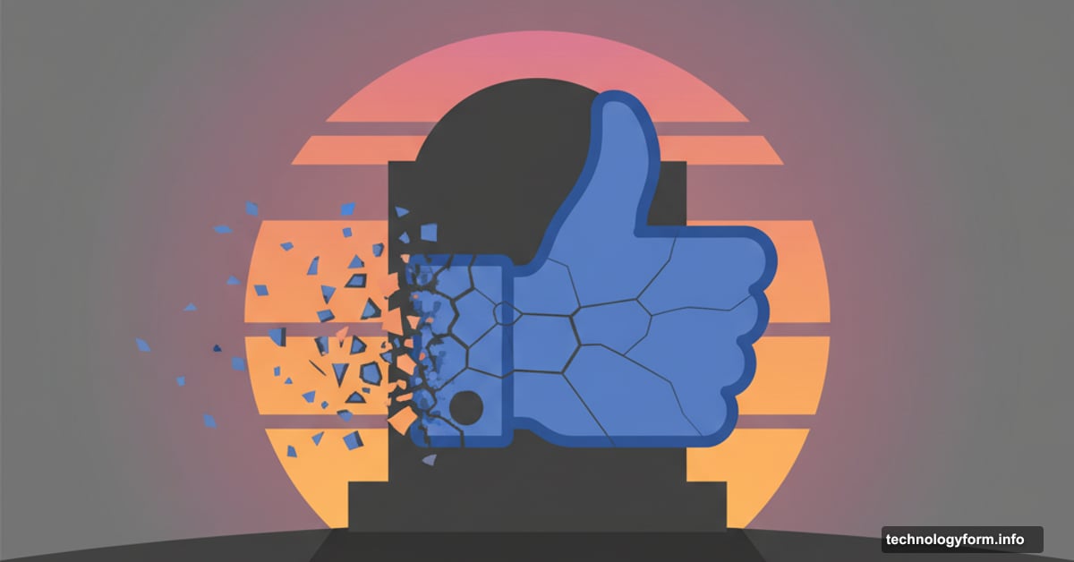 Crumbling Facebook Like button breaking apart with 2010-2026 timeline tombstone