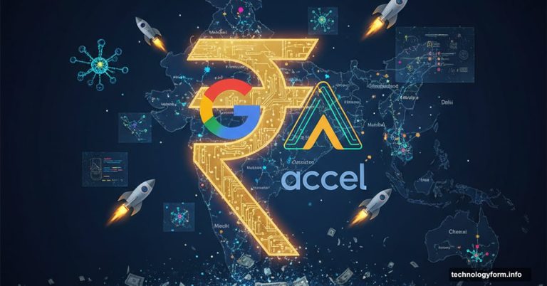 Google and Accel logos merged over Indian rupee symbol with AI networks