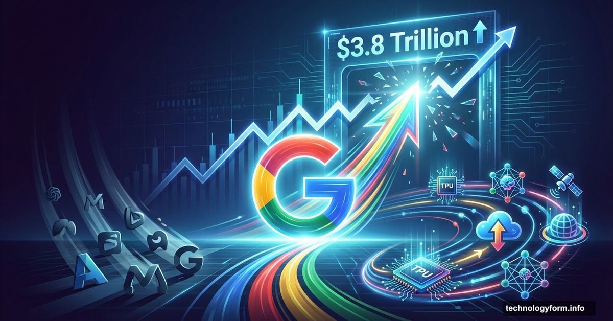 Google logo surging upward past competitors with AI infrastructure