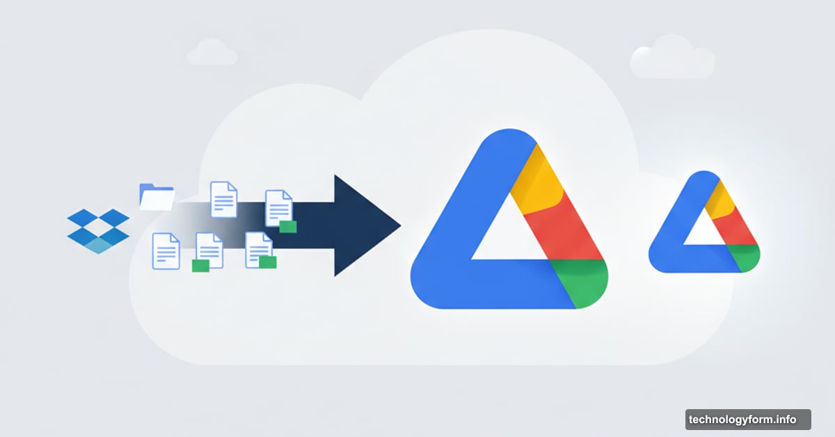 Google Drive logo with arrow pulling files from Dropbox cloud storage