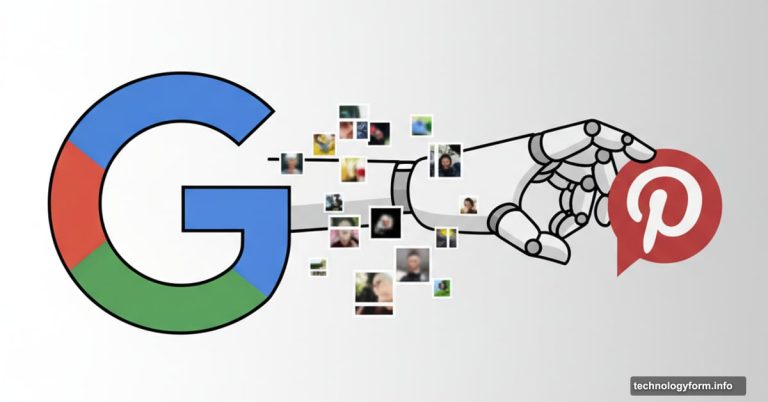 Google logo reaching toward Pinterest logo, copying image features between them