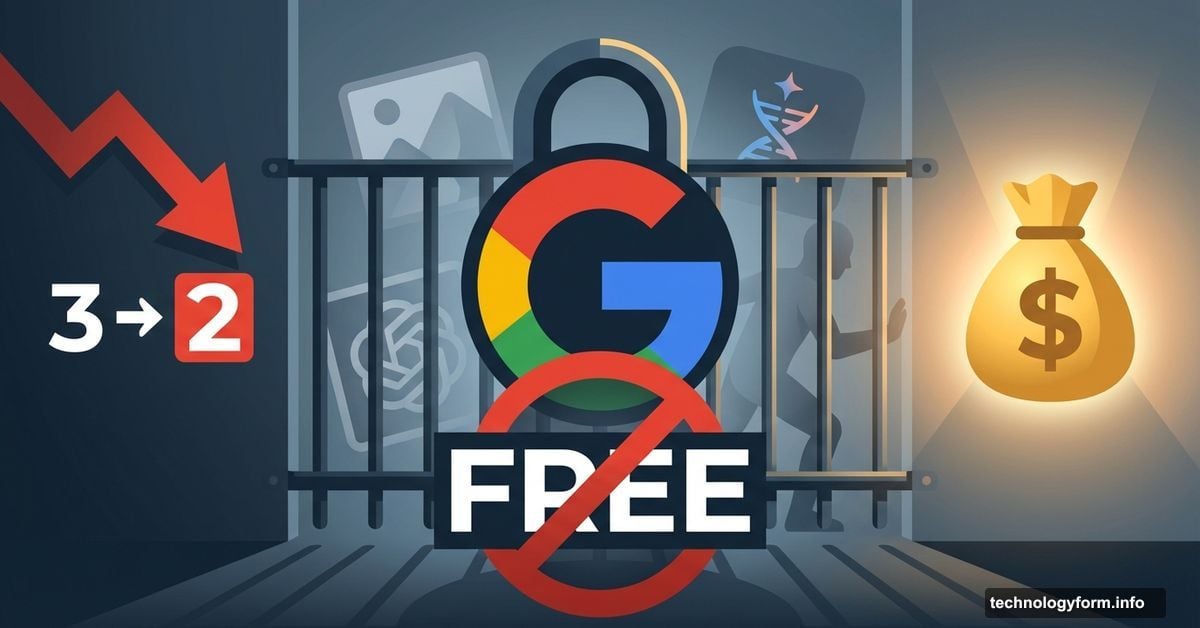 Google logo as locked gate blocking free AI access with paid tier glowing