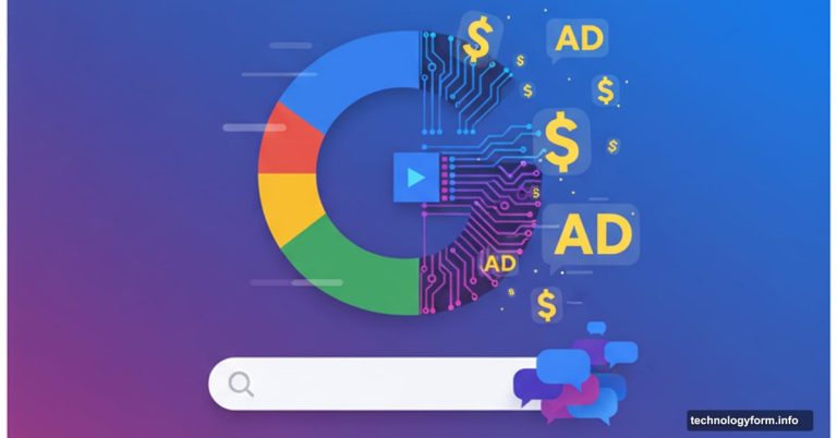 Google logo splitting into AI circuits with advertising symbols emerging outward