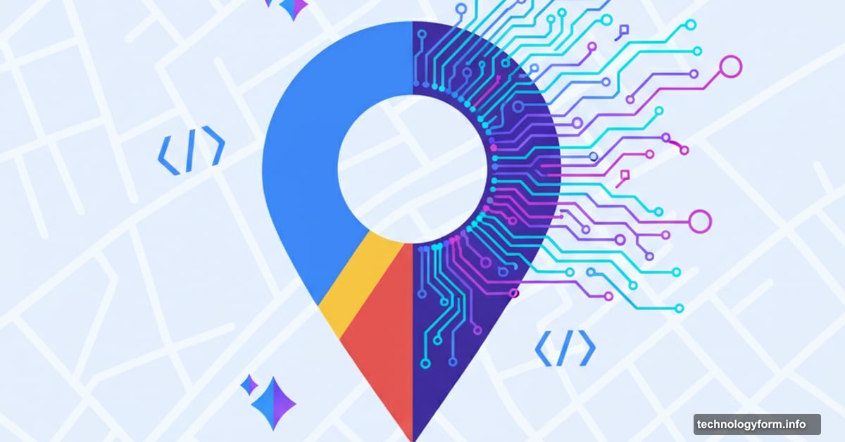 Google Maps location pin transforming into AI neural network with developer icons