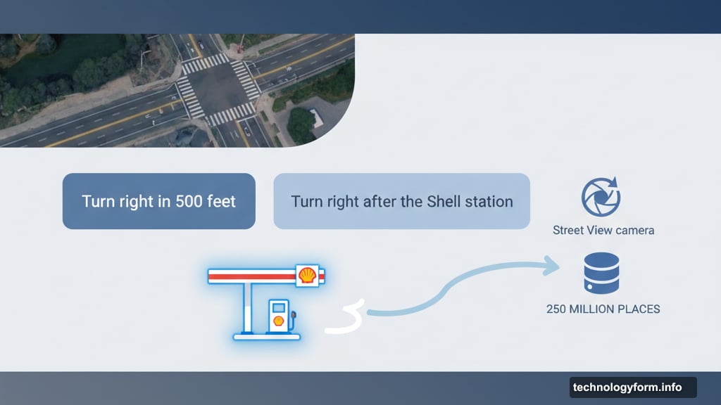 Maps identifies visible landmarks using Gemini and Street View data