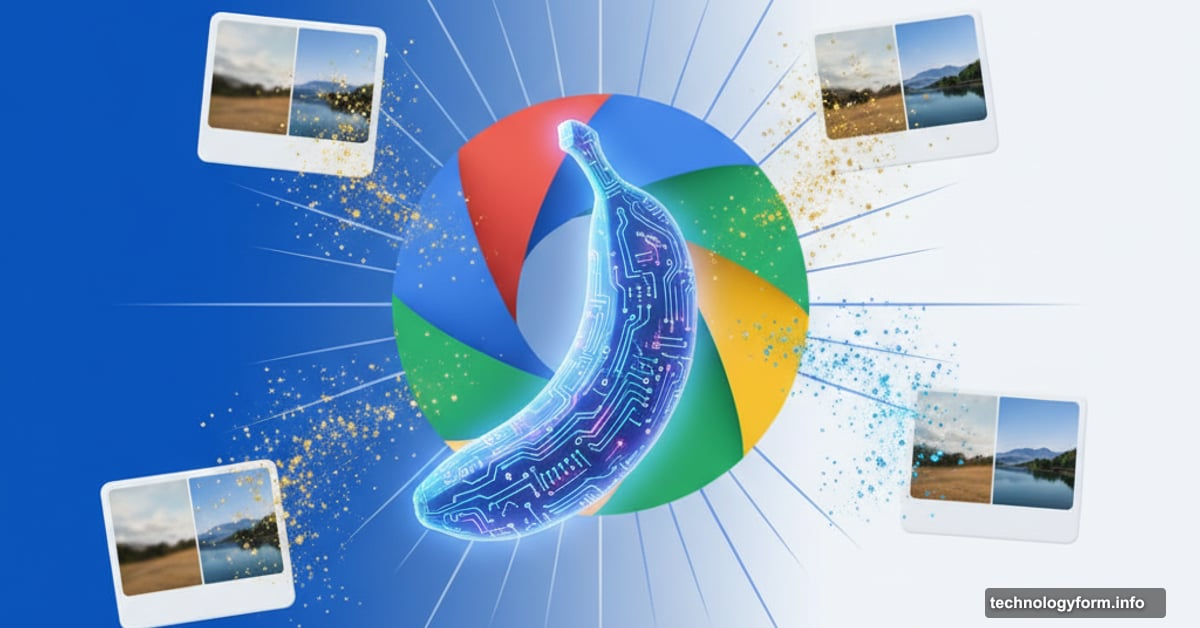 Google Photos logo with AI-powered Nano Banana and photo editing transformation effects