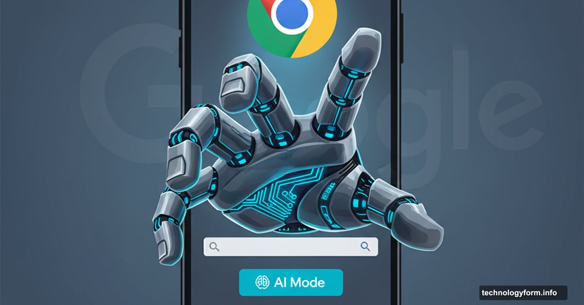 Smartphone with Chrome browser and robotic AI hand reaching toward viewer aggressively