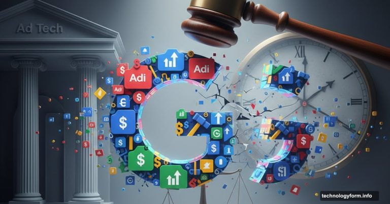 Judge's gavel splitting Google logo representing adtech antitrust breakup