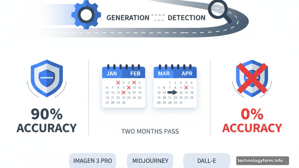 Detectors struggle to keep pace with rapidly improving generative models