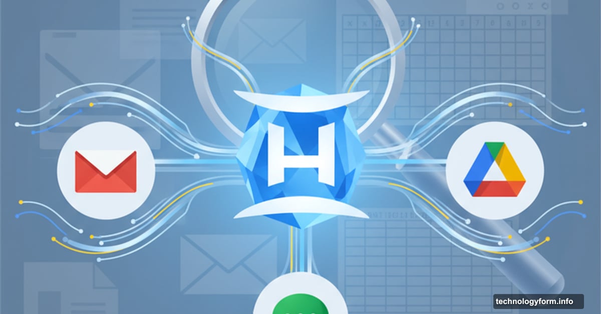 Google Gemini AI scanning Gmail Drive and Chat services with magnifying glass