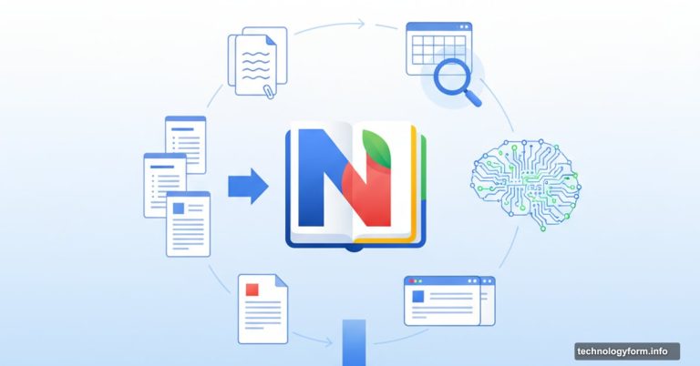 Google NotebookLM surrounded by research documents and AI processing symbols