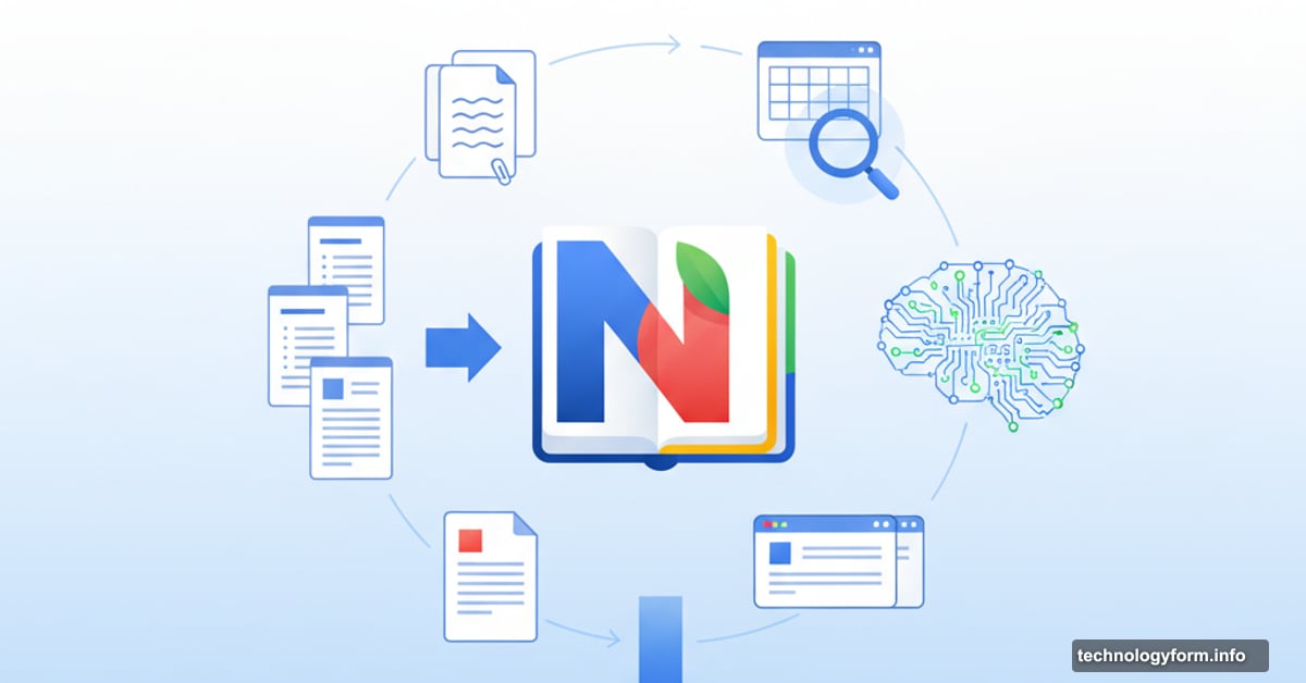 Google NotebookLM surrounded by research documents and AI processing symbols