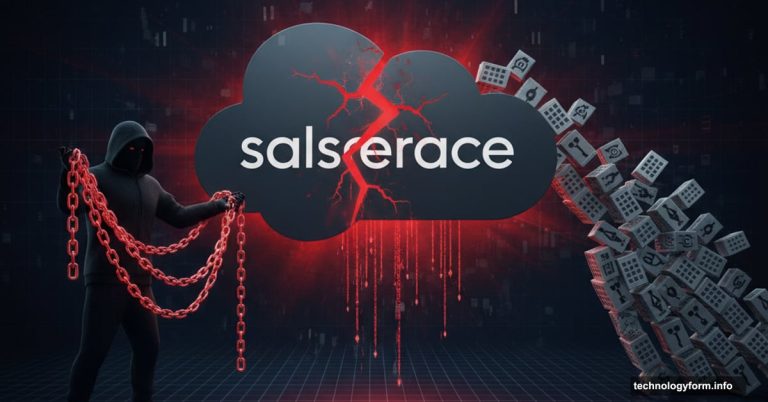 Cracked Salesforce logo with hacker holding chain, companies falling like dominoes