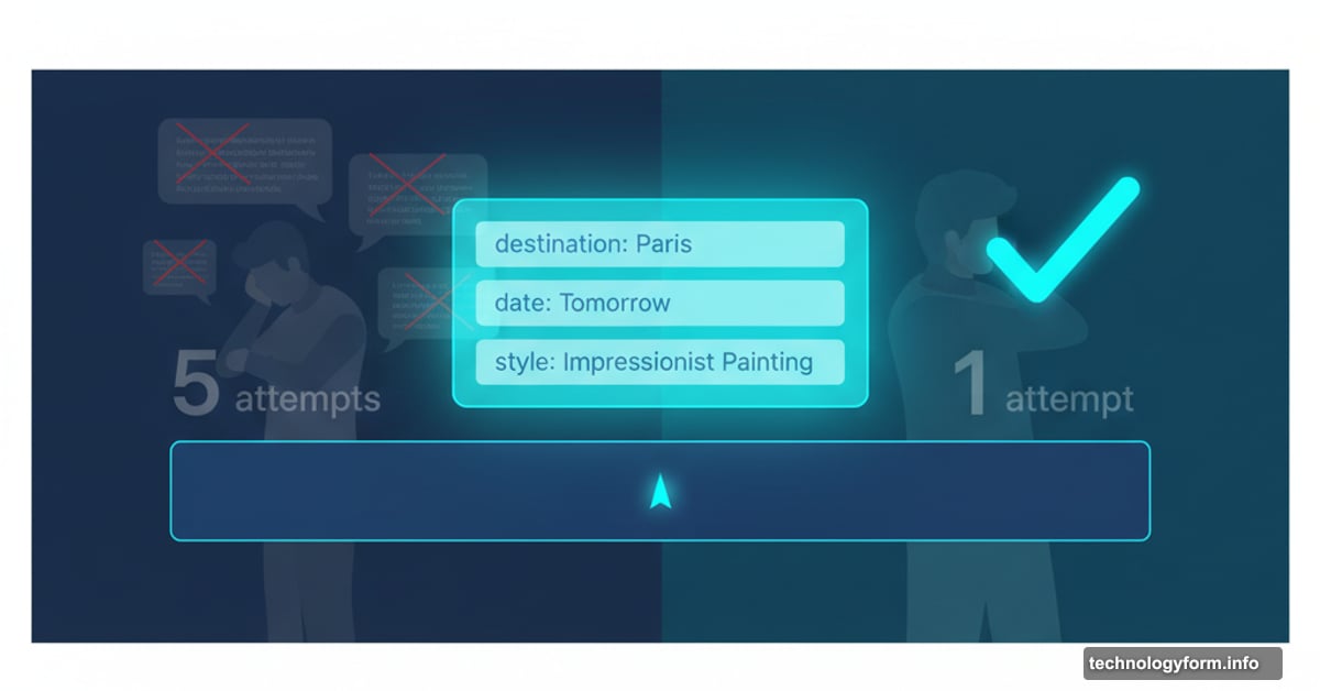 AI prompt autocomplete interface suggesting fields, reducing multiple attempts to one